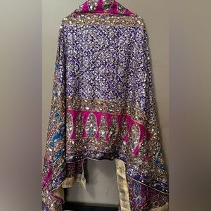 PAKISTANI TRADITIONAL LONG PURE SILK HEAVY SHEESHA WORK DUPATTA WITH PEARLS.
